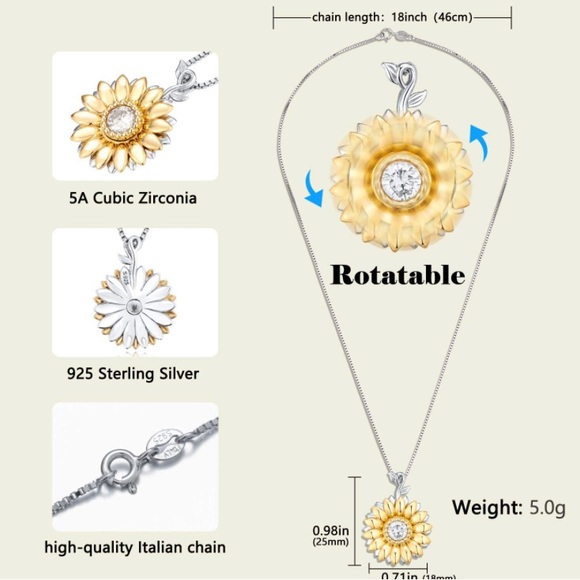 Rotatable Sunshine Sunflower Pendant Necklace, S925 Sterling Silver NWOT - Picture 4 of 5